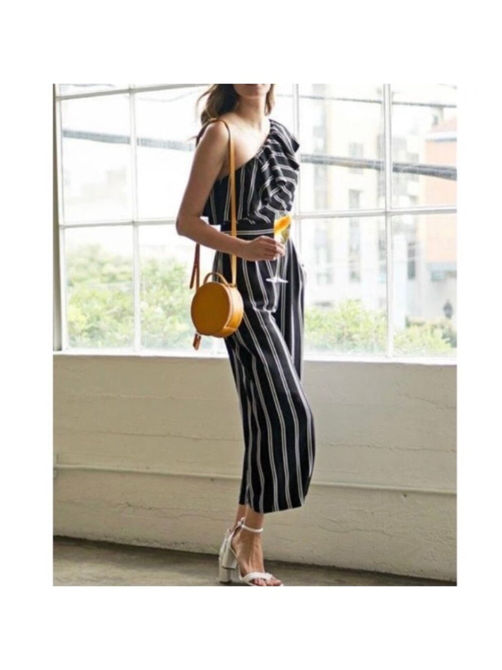Laundry Black And White Striped One Shoulder Ruffle Jumpsuit Size 10